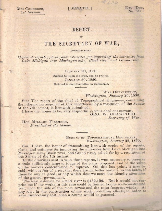 Item #72405 Report of the Secretary of War, Communicating Copies of Reports, Plans, and Estimates for Improving Entrances From Lake Michigan into Maskegon Lake, Black River, and Grand River 31st Congress, 1st Session.